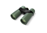 Green binoculars on a white background.
