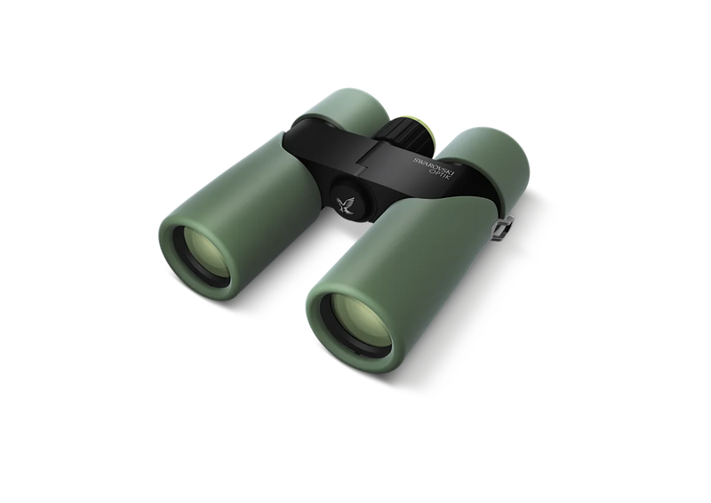 Green binoculars on a white background.