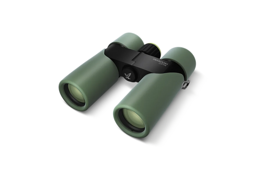 Green binoculars on a white background.