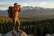 Man standing on a rock looking through a pair of green binoculars with a scenic vista in the background.