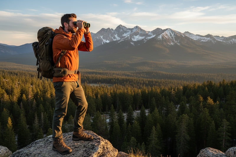 Man standing on a rock looking through a pair of green binoculars with a scenic vista in the background.