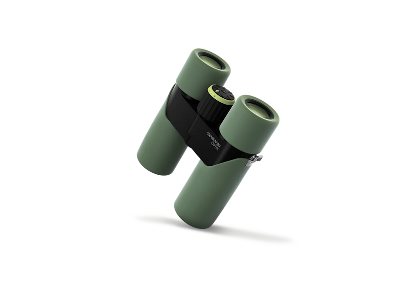 Side view of green binoculars on a white background.