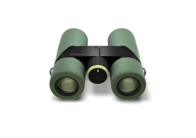 Green binoculars on a white background.
