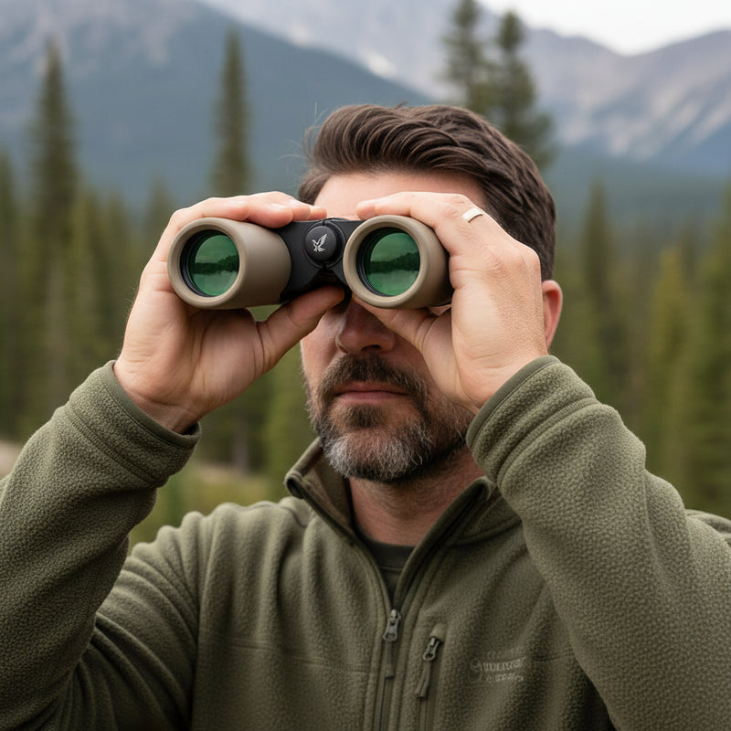 Man looking through green binoculars on a natural background.