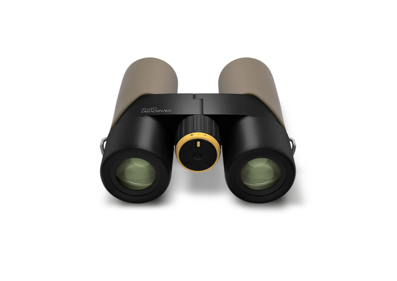 Brown binoculars on a white background.