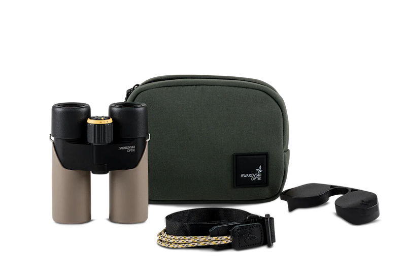 Brown binoculars alongside a carrying case and various other accessories on a white background.