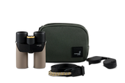 Brown binoculars alongside a carrying case and various other accessories on a white background.