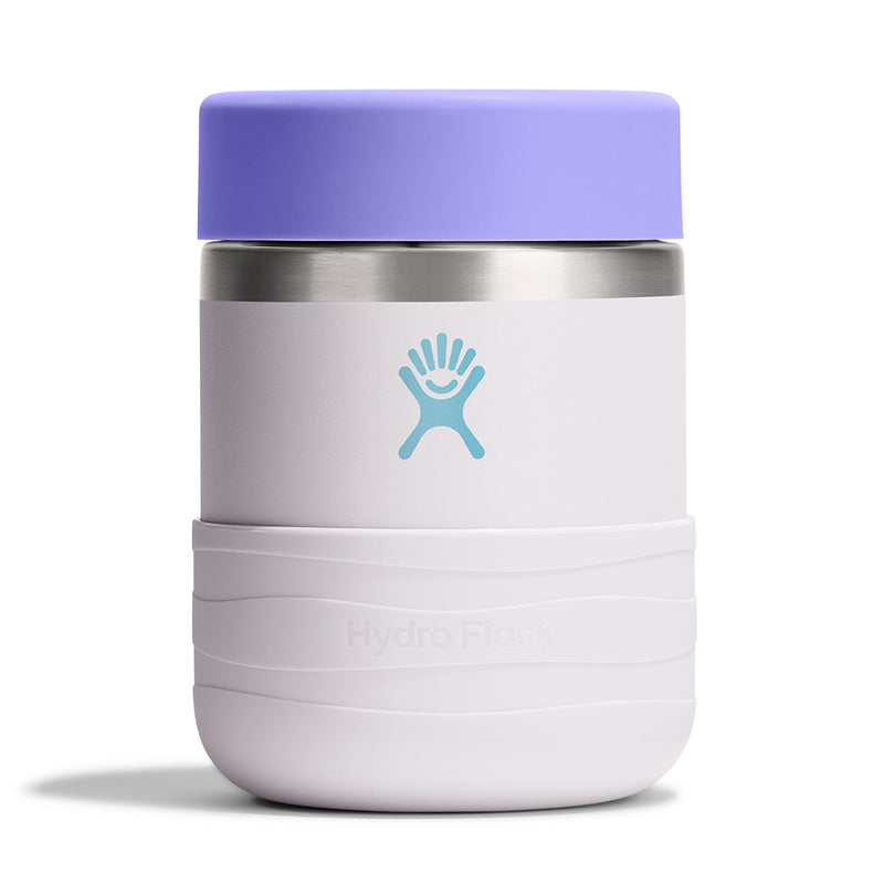 A Hydro Flask insulated tumbler with a lavender purple lid, a light lavender body, a blue Hydro Flask logo, and a silver stainless steel band near the top, shown on a white background.