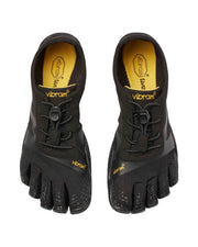 Top-down view of a pair of black and yellow Vibram 5-Fingers against a white background. 