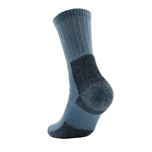 Blue sock with a dark gray heel and toe on a white background