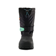 Black winter boot with a green tag on a light gray background