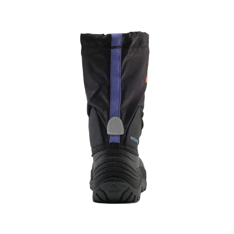 Black winter boot with purple strap on a light gray background