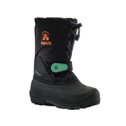 Black snow boot with Kamik logo on a light gray background