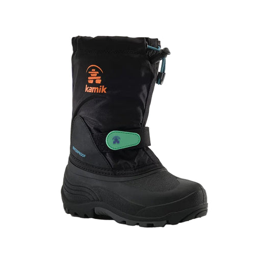 Black snow boot with Kamik logo on a light gray background