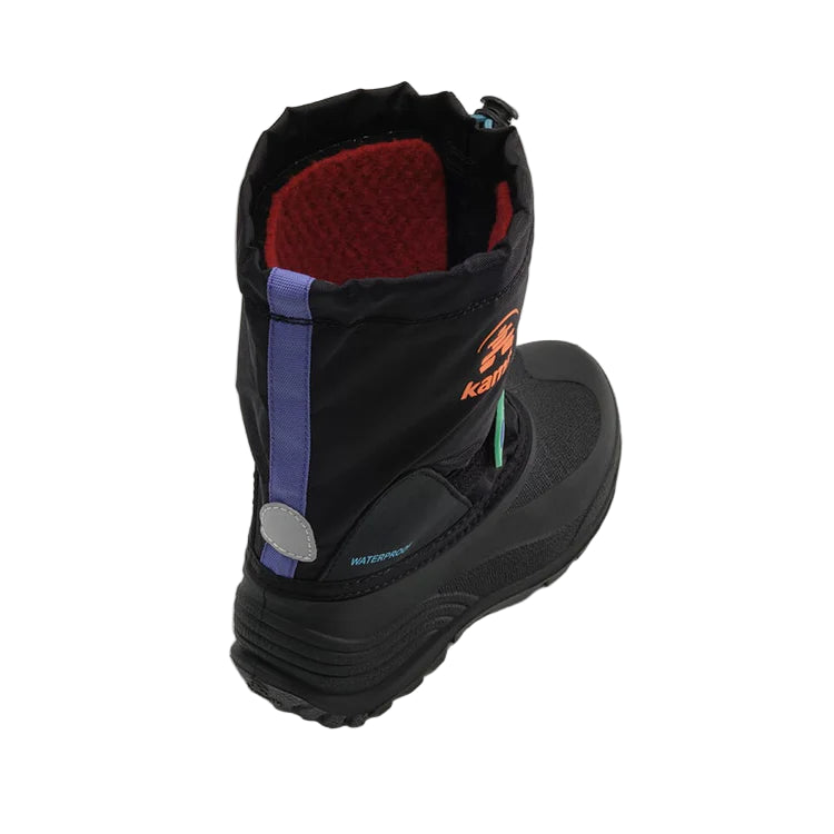 Black winter boot with red interior on a light gray background