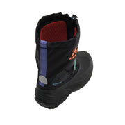 Black winter boot with red interior on a light gray background