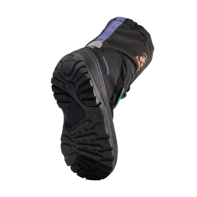 Black hiking boot with purple accents on a light gray background