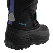 Black waterproof boot with purple strap on a light gray background