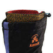 Close-up of a black shoe with red interior and Kamik logo on a gray background