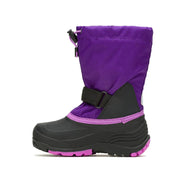 Purple and black snow boot with pink sole on a white background