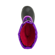 Purple snow boot with red interior on a white background