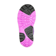 Pink and black sole of a shoe on a white background