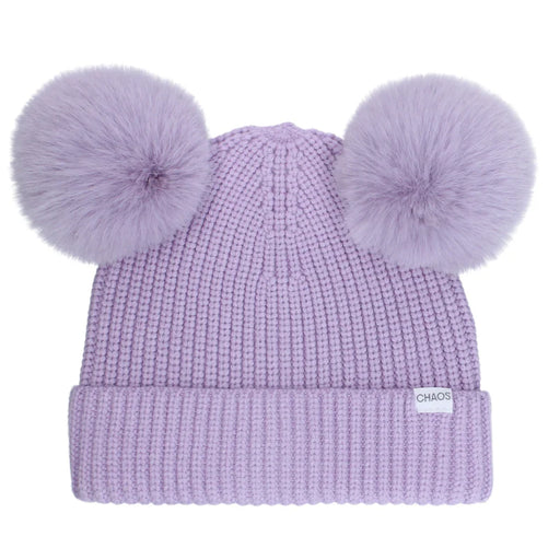 Purple kid's pom pom beanie against a white background. 