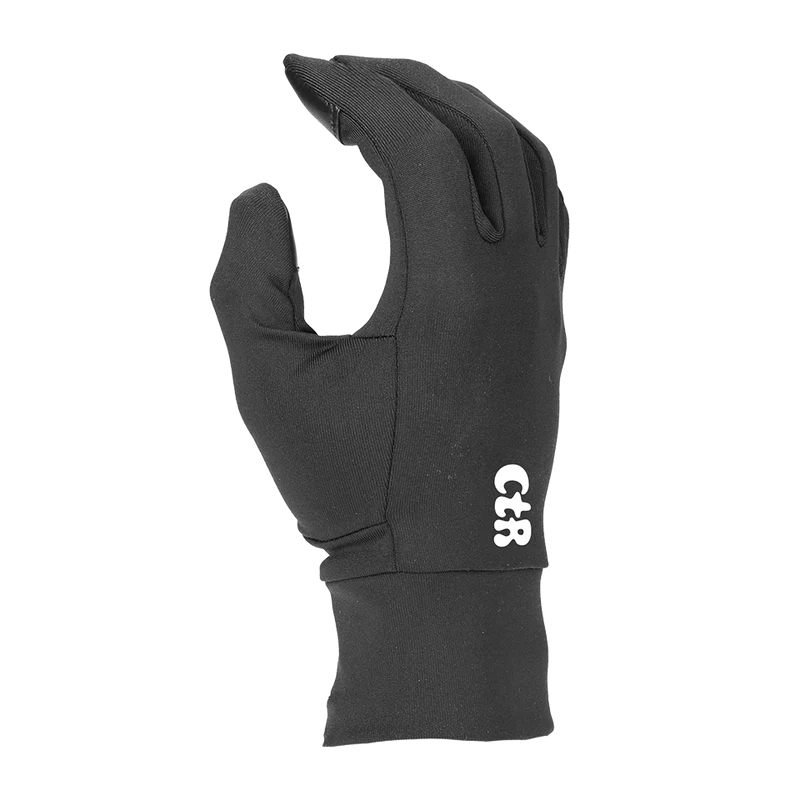 Side view of a black glove with a CTR logo on the side against a white background. 