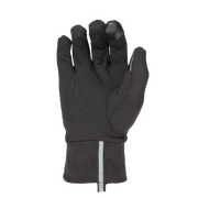 Front facing view of a black glove against a white background. 