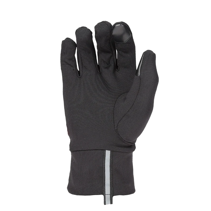 Front facing view of a black glove against a white background. 