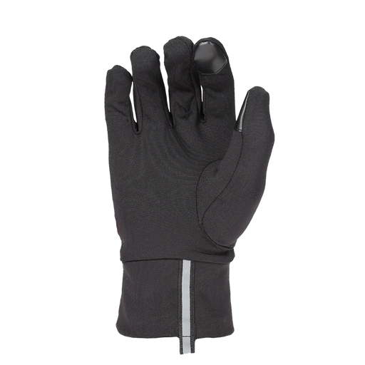 Front facing view of a black glove against a white background. 