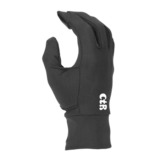 Side view of a black glove with a CTR logo on the side against a white background. 