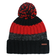 Black, red, and grey pom pom beanie against a white background. 