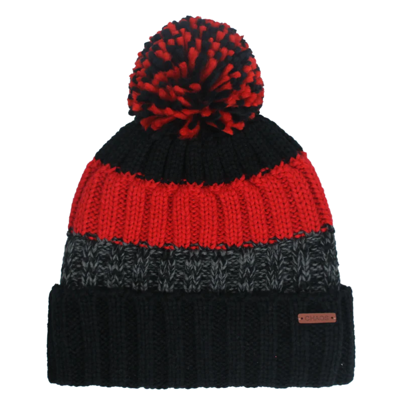 Black, red, and grey pom pom beanie against a white background. 