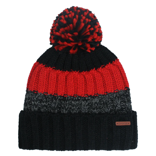 Black, red, and grey pom pom beanie against a white background. 