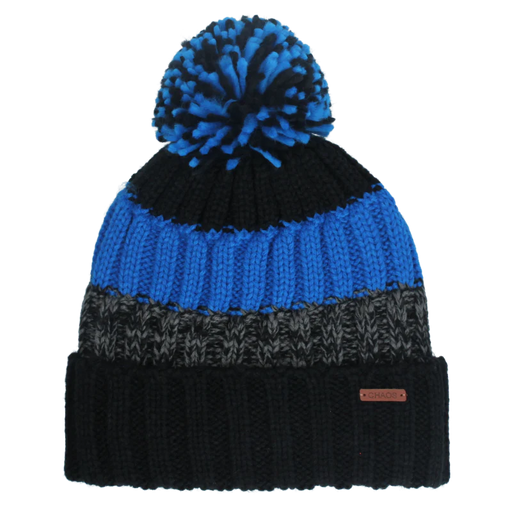 Black, blue, and grey pom pom beanie against a white background. 