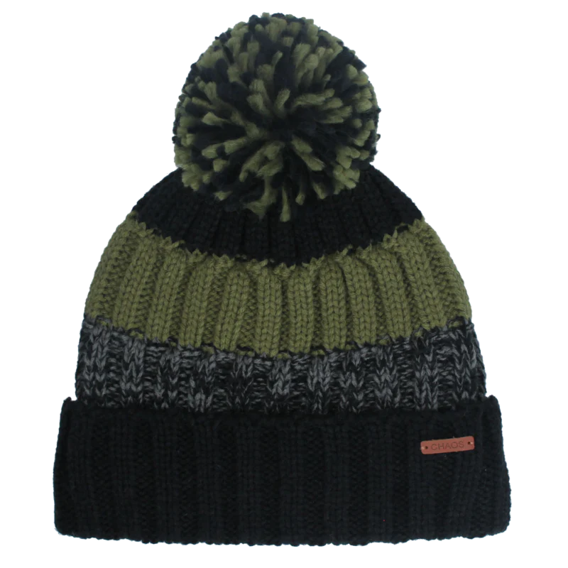 Black, green, and grey pom pom beanie against a white background. 