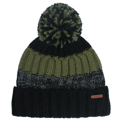 Black, green, and grey pom pom beanie against a white background. 