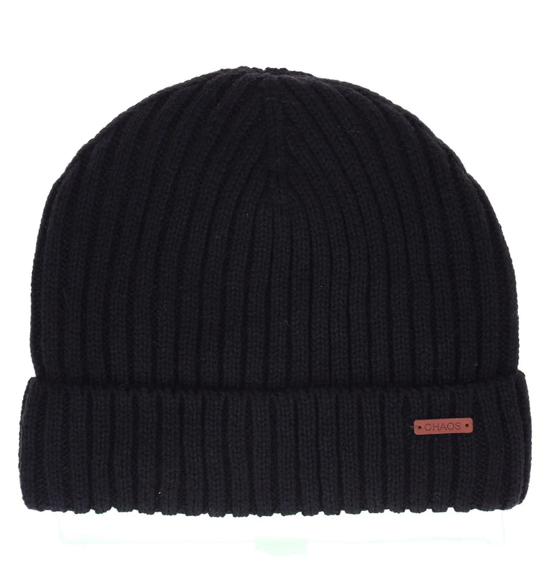 Black cuffed beanie against a white background. 