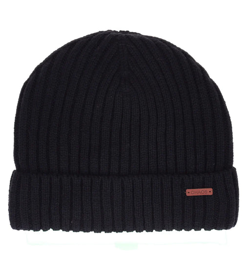 Black cuffed beanie against a white background. 