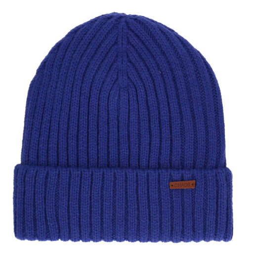 Blue cuffed beanie against a white background. 