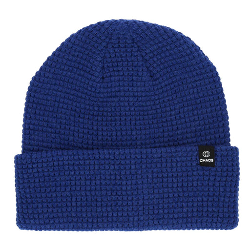 Blue cuffed beanie against a white background. 