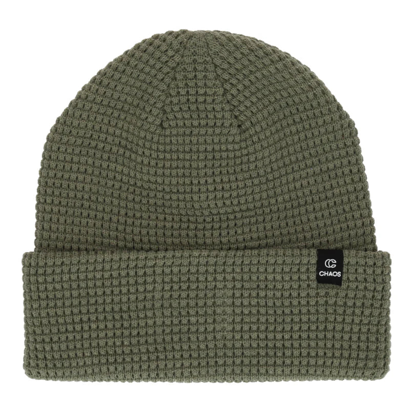 Dark green cuffed beanie against a white background. 