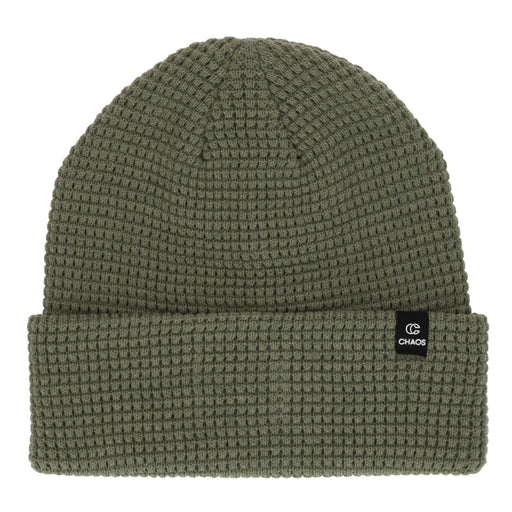 Dark green cuffed beanie against a white background. 