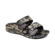 A camouflage sandal with 2 straps opened on a white background
