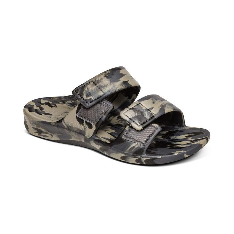 A camouflage sandal with 2 straps opened on a white background