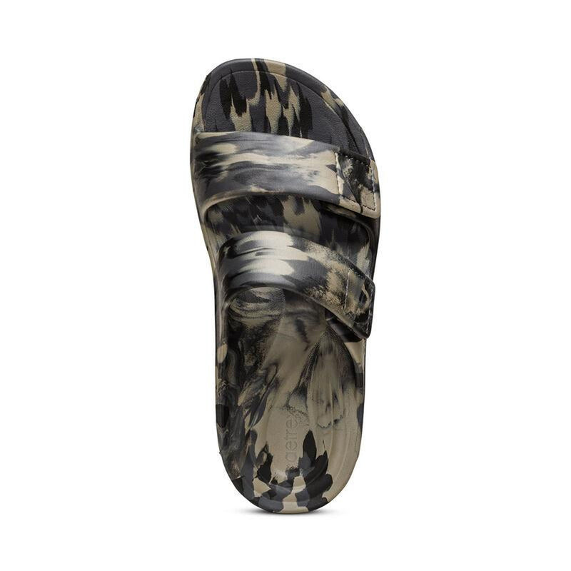 The top view of a camouflage sandal with 2 straps on a white background