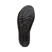 Black bottom sole of a sandal against a white background. 