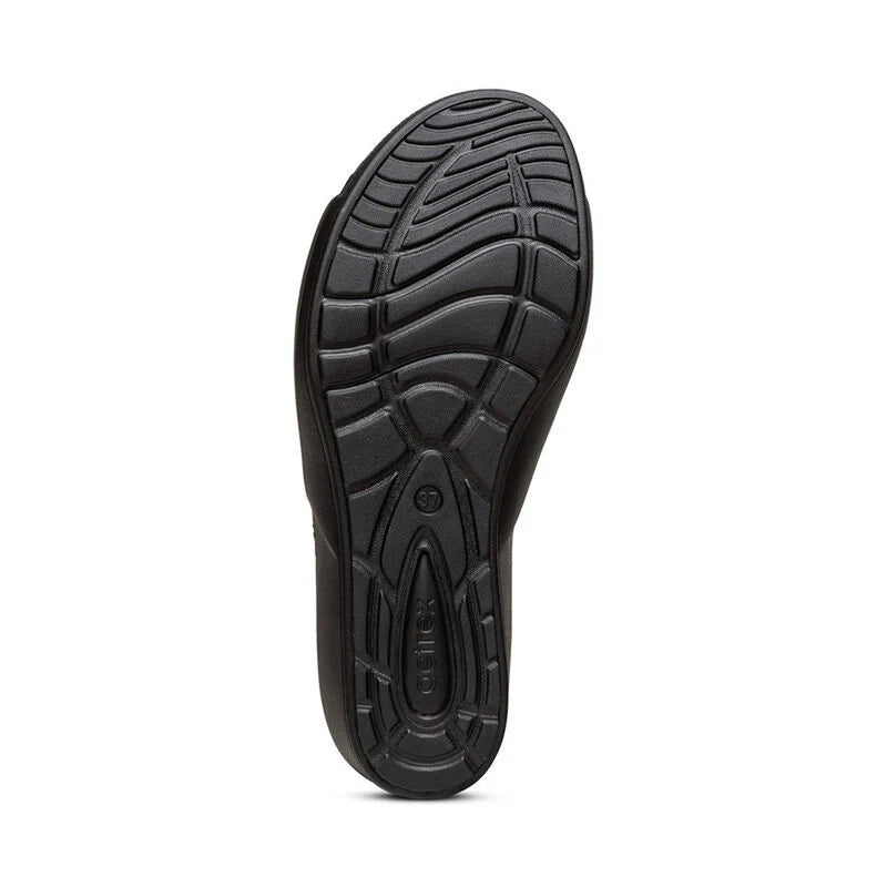 Black bottom sole of a sandal against a white background. 
