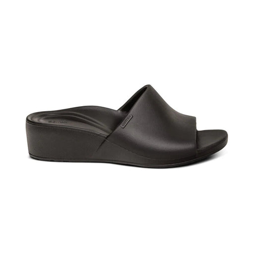 Side view of a black sandal against a white background. 